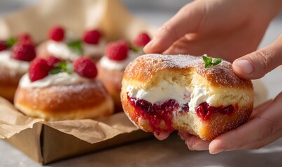 Close-up of two hands breaking apart a sugar-coated donut, revealing a creamy raspberry filling oozing out