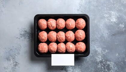 Freshly Made Meatballs in a Black Tray on a Gray Surface