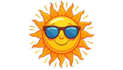 Cartoon sun with sunglasses. Smiling, summer