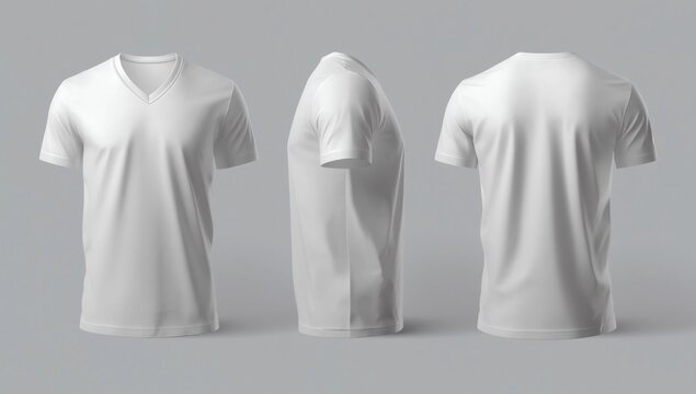 men's white v-neck short sleeve t-shirt mockup in front, side and back views, design presentation for print, 3d illustration, 3d rendering