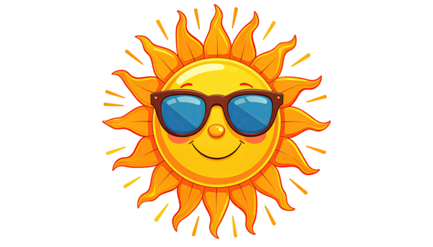 Cartoon sun with sunglasses.  Smiling, summer