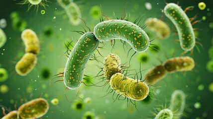 Fototapeta premium Closeup of bacteria cells, showcasing microscopic organisms and their biological structures on a green background