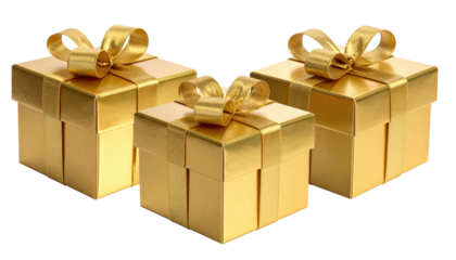 Three gold gift boxes, arranged horizontally, with ribbons