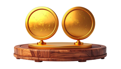Two golden circular awards on a wooden pedestal