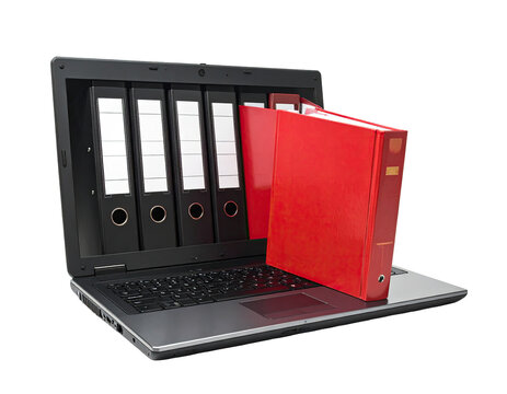 Laptop with digital files and a red binder