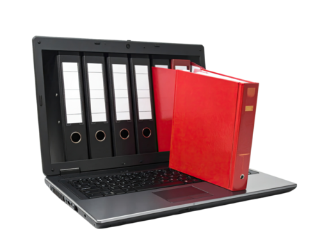 Laptop with digital files and a red binder