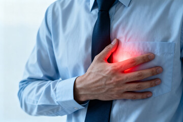 Man in business attire holding chest with red glow indicating heart pain