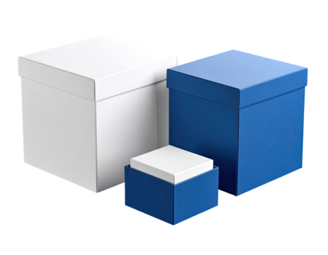 Three square gift boxes, white and blue, of varying sizes