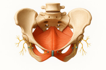 Anatomical Illustration of Human Pelvic Floor Muscles with Nerves