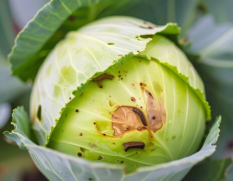Close-up of a cabbage infested with multiple insect larvae, showing significant damage and holes in its leaves
