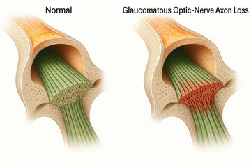 Illustration comparing normal optic nerve axons to glaucomatous optic-nerve axon loss.