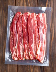Freshly Packaged Bacon Slices in Clear Plastic on Wooden Surface