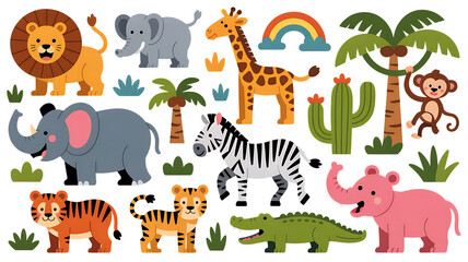 Obraz premium Jungle safari adventure cute animals collection animated style for kids theme isolated on transparent background