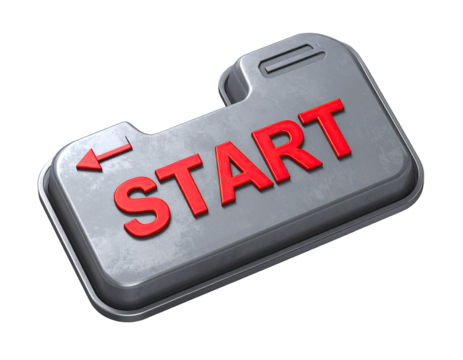 A metallic start button, 3D rendered