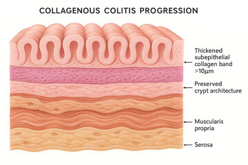 Cross-section illustrating the layered structure of the colon affected by collagenous colitis, highlighting thickened subepithelial collagen band and preserved crypt architecture.