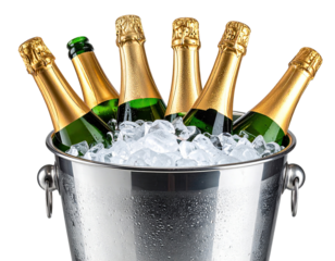 Champagne bottles in a silver bucket of ice