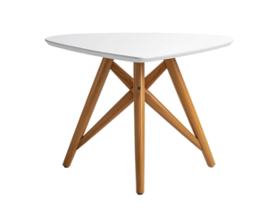Triangular white table with wooden legs