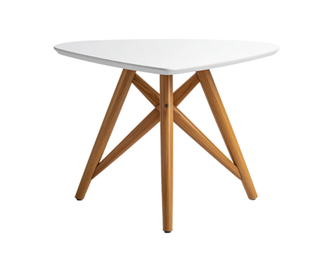 Triangular white table with wooden legs