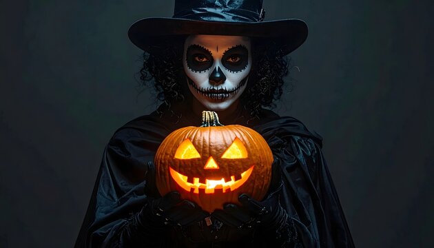 Spooky Halloween pumpkin lantern held by a person in a witch hat and skull face paint