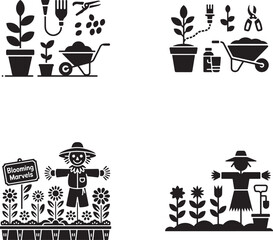Gardening tools plants scarecrow flowers pots wheelbarrow