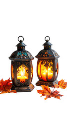 Two Halloween lanterns with warm flames
