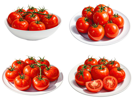 Four plates of tomatoes, some whole, some sliced