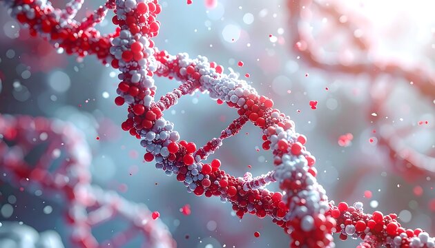 Close-up of a DNA double helix, rendered in red and white spheres against a soft, blurred background - Powered by Adobe