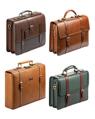 Four leather briefcases isolated on transparent background showcasing different styles and colors, representing classic elegance and professional accessories