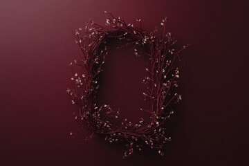 A decorative wreath of dried branches and small flowers, set against a deep burgundy background, creates a serene and elegant composition.