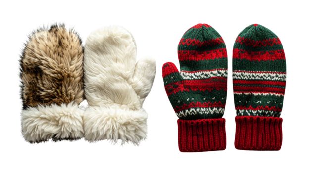 Fluffy Fur-Lined Mittens and Striped Wool Mittens, isolated on transparent background