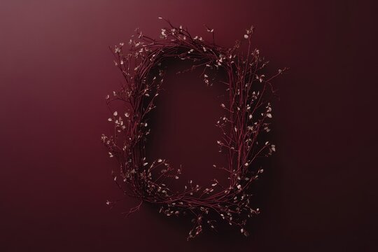 A decorative wreath of dried branches and small flowers, set against a deep burgundy background, creates a serene and elegant composition.