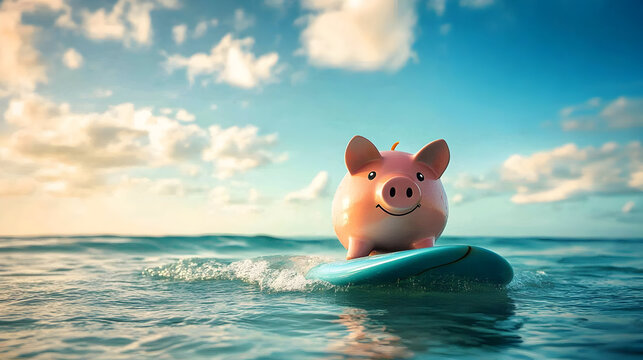 A cheerful piggy bank surfing on a colorful board in a vibrant ocean ideal for budget holiday planning