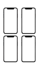 Four smartphones, black screens, grid layout