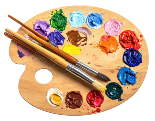 Wooden art palette with colorful paint and brushes