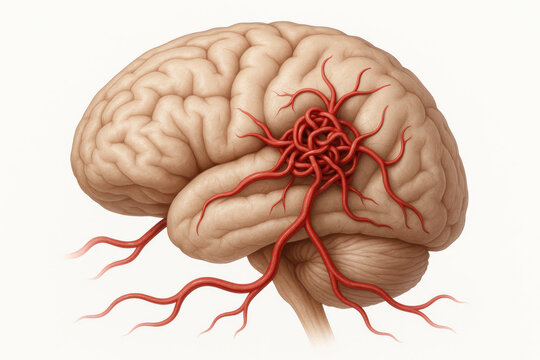 Illustration of a human brain with a tangled cluster of arteries, indicating a potential aneurysm or vascular malformation, against a plain white background.
