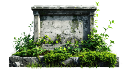 Weathered stone monument overgrown with lush greenery