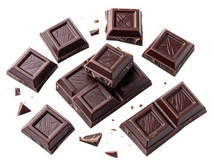 Dark chocolate squares scattered on black background