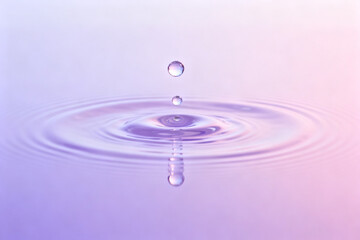 Water droplet creating ripples on a calm surface with soft purple background