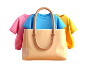 Three colorful t-shirts inside a beige tote bag