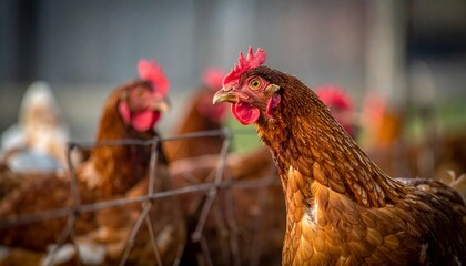 Close-up of a hen, in focus, with blurred hens behind it, near a wire fence