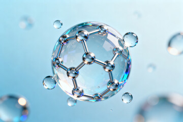 Molecular structure of a fullerene molecule suspended in liquid, showcasing atomic bonds and spherical geometry