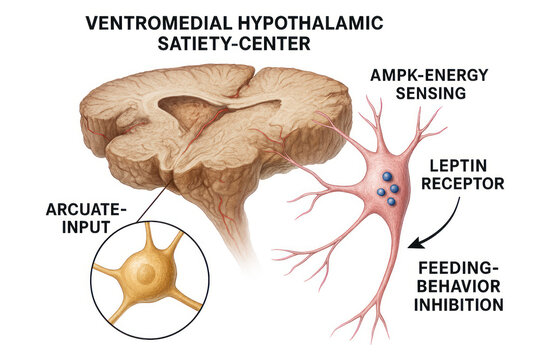 Illustration of the ventromedial hypothalamus satiety center, showing arcuate nucleus input and leptin receptor function in feeding behavior inhibition.