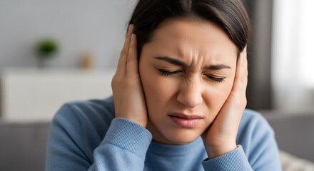 Woman experiencing ear pain and discomfort.