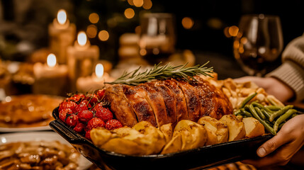Aerial View Family Holding Hands Around Thanksgiving Table
