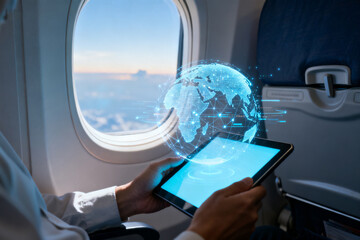 Person using tablet with holographic globe display on airplane