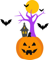 vector illustration of Spooky Halloween Pumpkin with Haunted Tree and Flying Bats, isolated on white