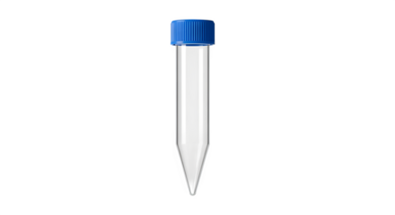 Clear plastic test tube with blue screw cap, isolated on transparent background, commonly used in scientific research and laboratory experiments