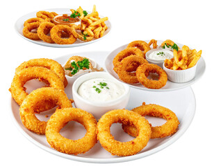 Fried onion rings and fries on plates