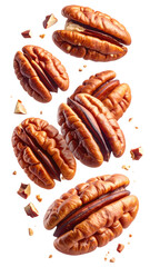 Pecans scattered in mid-air, showcasing their rich, brown shells and visible nutmeat