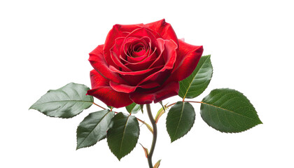 A single vibrant red rose, highlighted against a pure black background, showcasing detailed petals and leaves